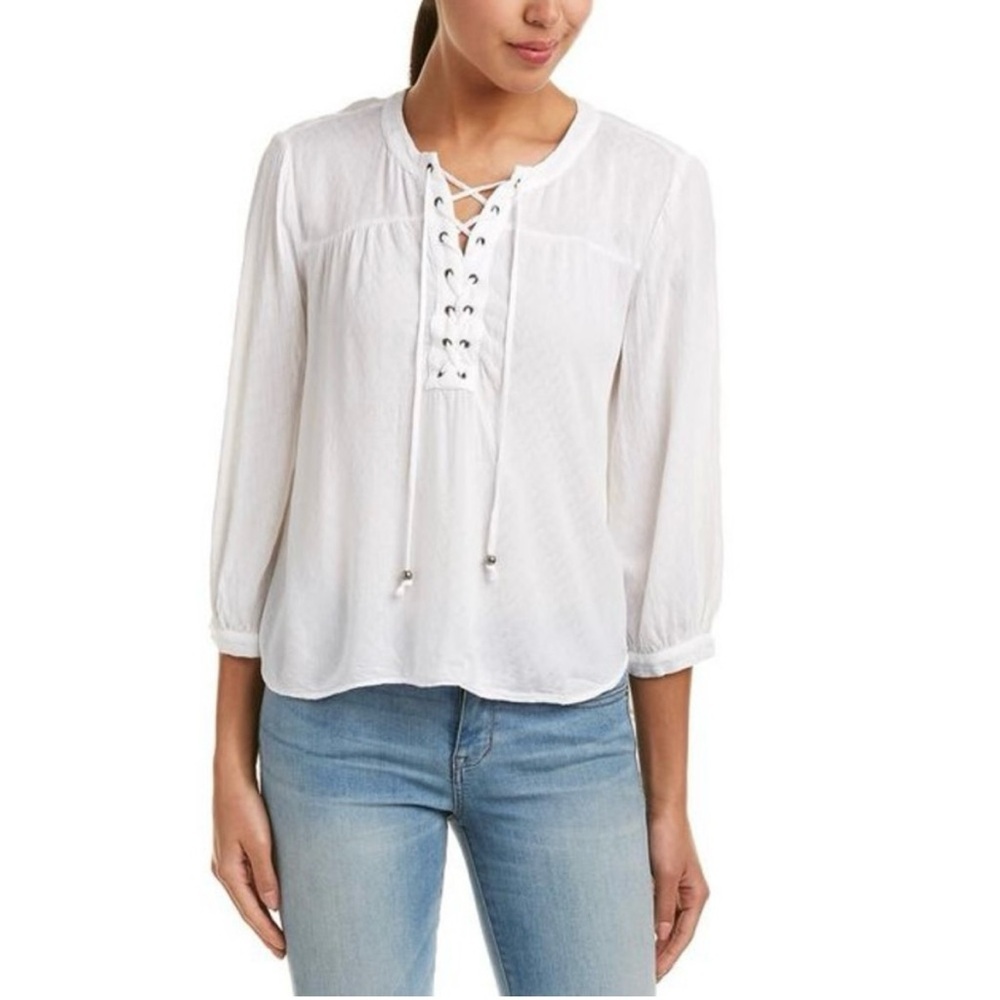 VELVET‎ BY GRAHAM & SPENCER White  Lace Up Semi Sheer blouse 3/4 Sleeve Sz XS